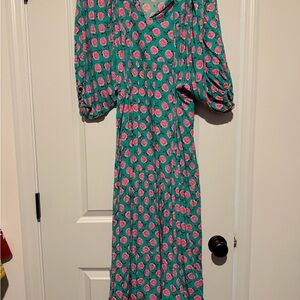 Amazon Green Maxi Dress with Pink Rose Print